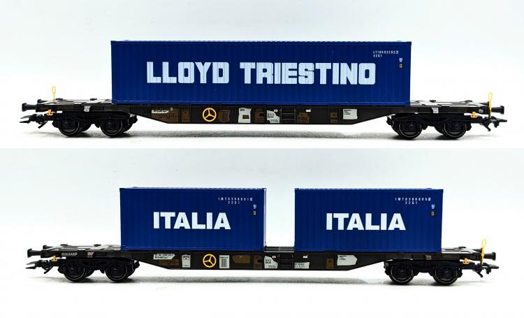 *PROMOS* - SET DE 2 WAGONS PORTE CONTENERURS TYPE SGNS ITALIA/LLOYD TRIESTINO