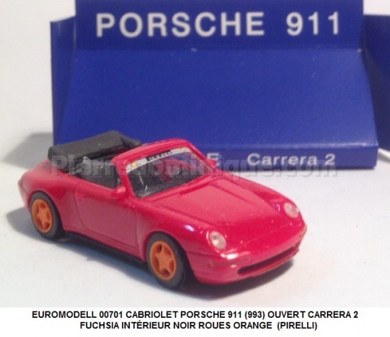 CABRIOLET PORSCHE 911 (993) OUVERT CARRERA 2  FUCHSIA INTÉRIEUR NOIR ROUES ORANGE  (PIRELLI)