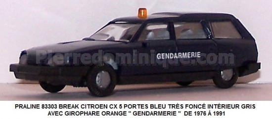 BREAK CITROEN CX 5 PORTES BLEU TRÈS FONCÉ INTÉRIEUR GRIS AVEC GIROPHARE ORANGE '' GENDARMERIE '' DE 1976 Ã€ 1991
