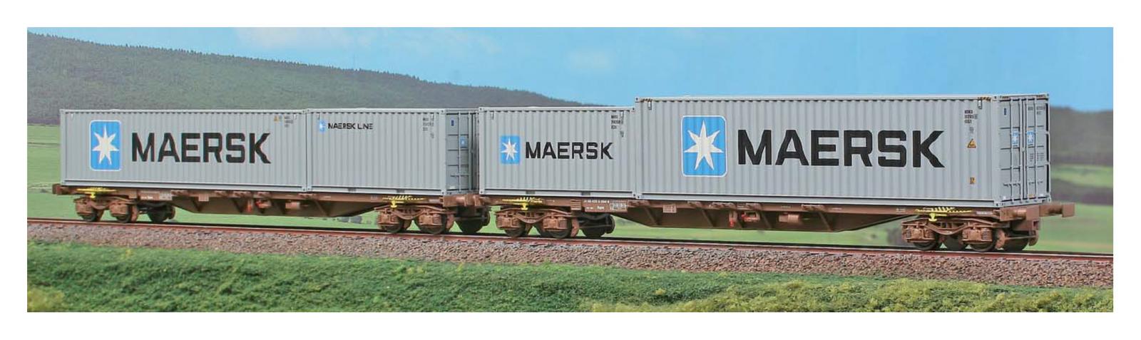 DOUBLE WAGON PORTE CONTENEURS SGNS DSB AVEC CONTENEURS MAERSK