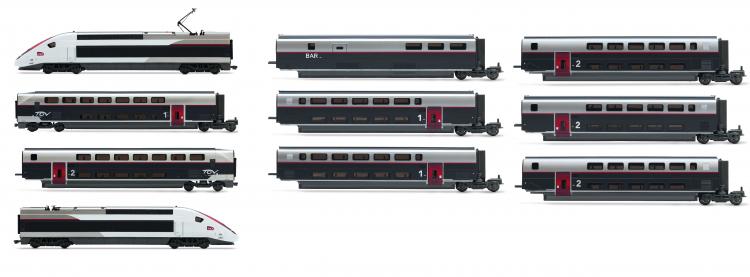 SET RAME COMPLETE DE 4 ELEMENTS TGV DUPLEX CARMILLON + 6 VOITURES INTERMEDIAIRES SNCF