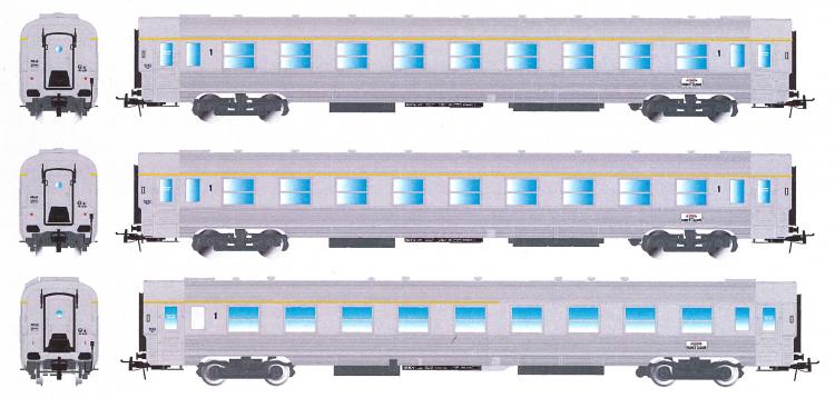 ENSEMBLE DE 3 VOITURES VOYAGEURS DEV INOX LA MOUETTE 1°CL SNCF