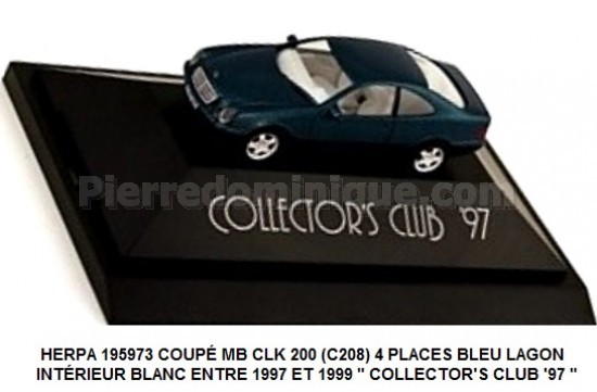 COUPÉ MERCEDES BENZ CLK 200 (C208) 4 PLACES BLEU LAGON INTÉRIEUR BLANC ENTRE 1997 ET 1999 '' COLLECTOR'S CLUB '97 ''