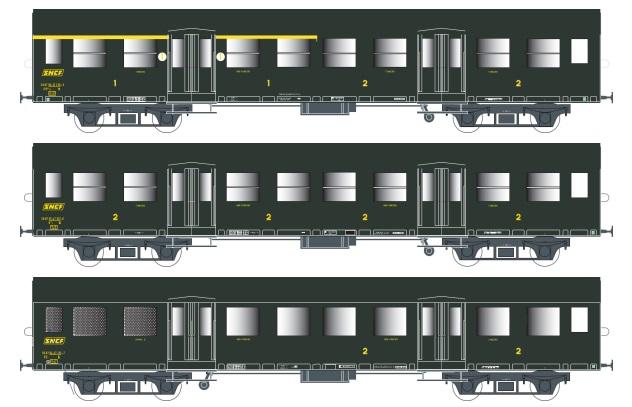 SET DE 3 VOITURES ROMILLY A5B4TZ + B9 1/2T + B7DT VERT CHÂSSIS GRIS SNCF - MODÈLES ÉQUIPÉS D‘ÉCLAIRAGE INTÉRIEUR