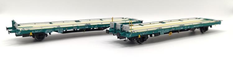 SET DE 2 WAGONS PLATS LAADGRS PORTE VEHICULES DE GRANDES DIMENSIONS VERT ET JAUNE TRENITALIA