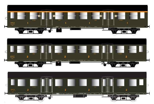 SET DE 3 VOITURES ROMILLY ATMYP 7.5573 + BTMYFP 7.5313 + BTMYP 7.5076 VERT CHÂSSIS NOIR SNCF - MODÈLES ÉQUIPÉS D‘ÉCLAIRAGE INTÉRIEUR