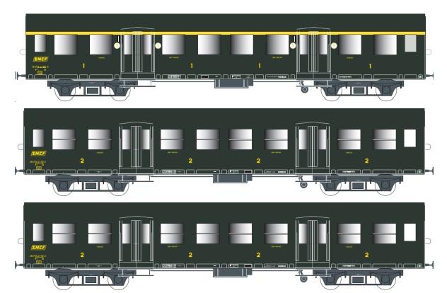 SET DE 3 VOITURES ROMILLY A10 1/2T + B9 1/2T + B9 1/2T VERT CHÂSSIS GRIS SNCF - MODÈLES ÉQUIPÉS D‘ÉCLAIRAGE INTÉRIEUR