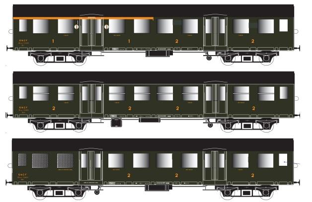 SET DE 3 VOITURES ROMILLY ABTMYP 7.5029 + BTMYFP 7.5079 + BDTMYP 7.5650 VERT CHÂSSIS NOIR SNCF - MODÈLES ÉQUIPÉS D‘ÉCLAIRAGE INTÉRIEUR