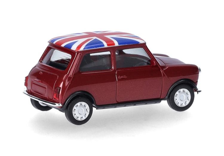 BERLINE 2 PORTES AUSTIN MINI MAYFAIR ROUGE BORDEAUX MÉTALLISÉ INTÉRIEUR NOIR TOIT DRAPEAU GB CONDUITE A DROITE