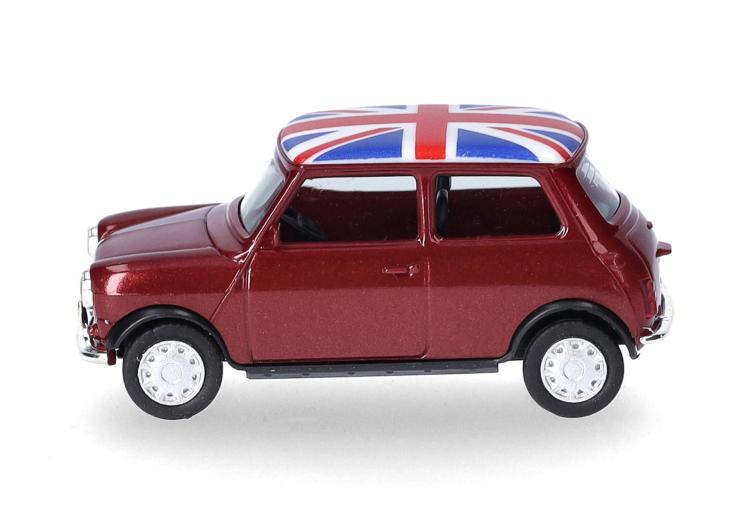 BERLINE 2 PORTES AUSTIN MINI MAYFAIR ROUGE BORDEAUX MÉTALLISÉ INTÉRIEUR NOIR TOIT DRAPEAU GB CONDUITE A DROITE